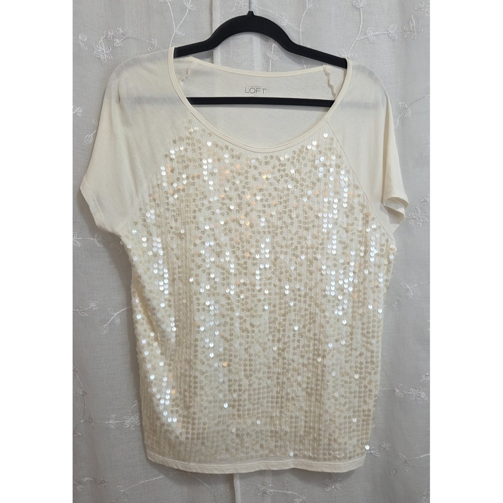 Loft Cream Sequin Front  Short Sleeve Shirt Large Party‎ Festive